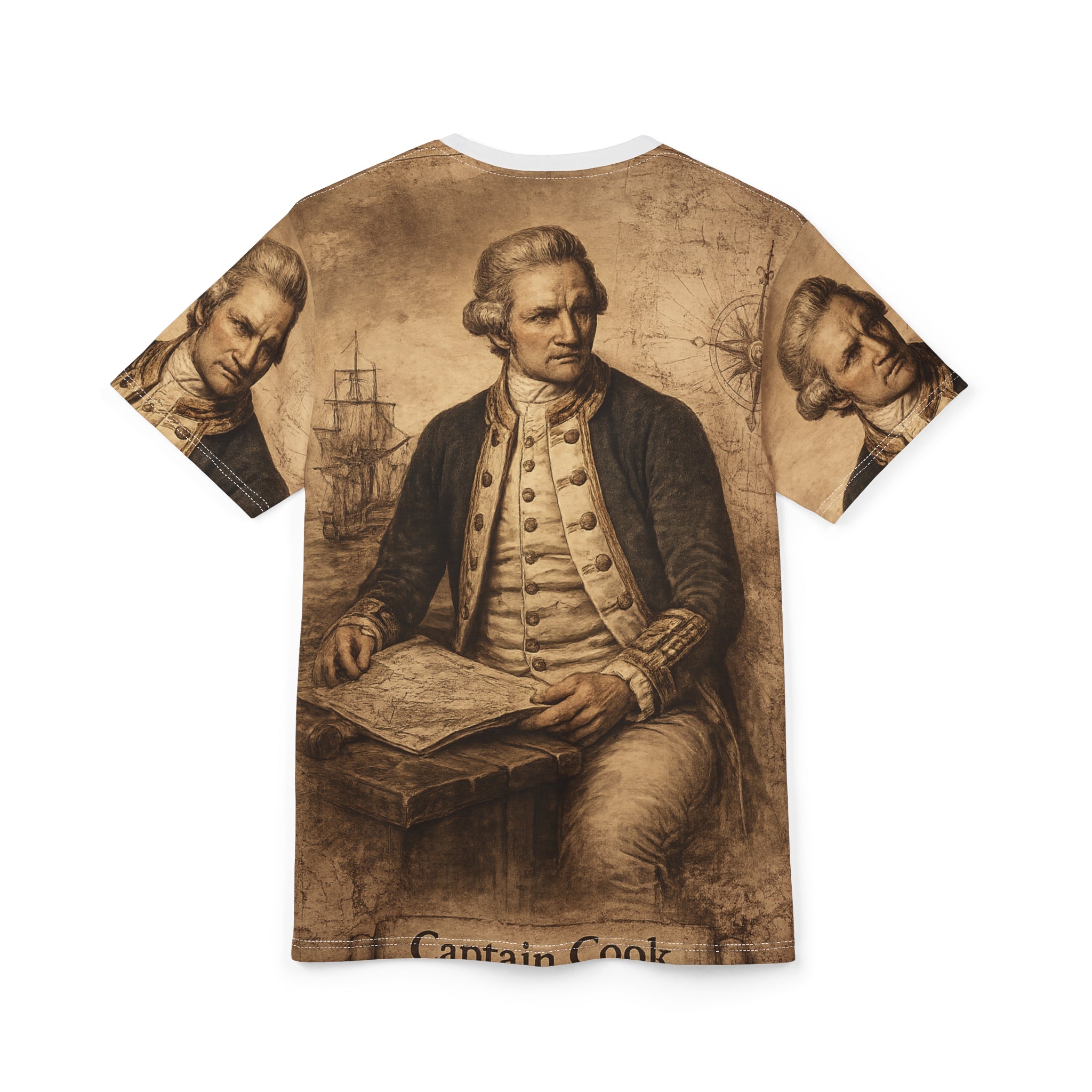 Captain Cook Portrait Tee — Vintage Nautical Exploration All-Over Print Shirt