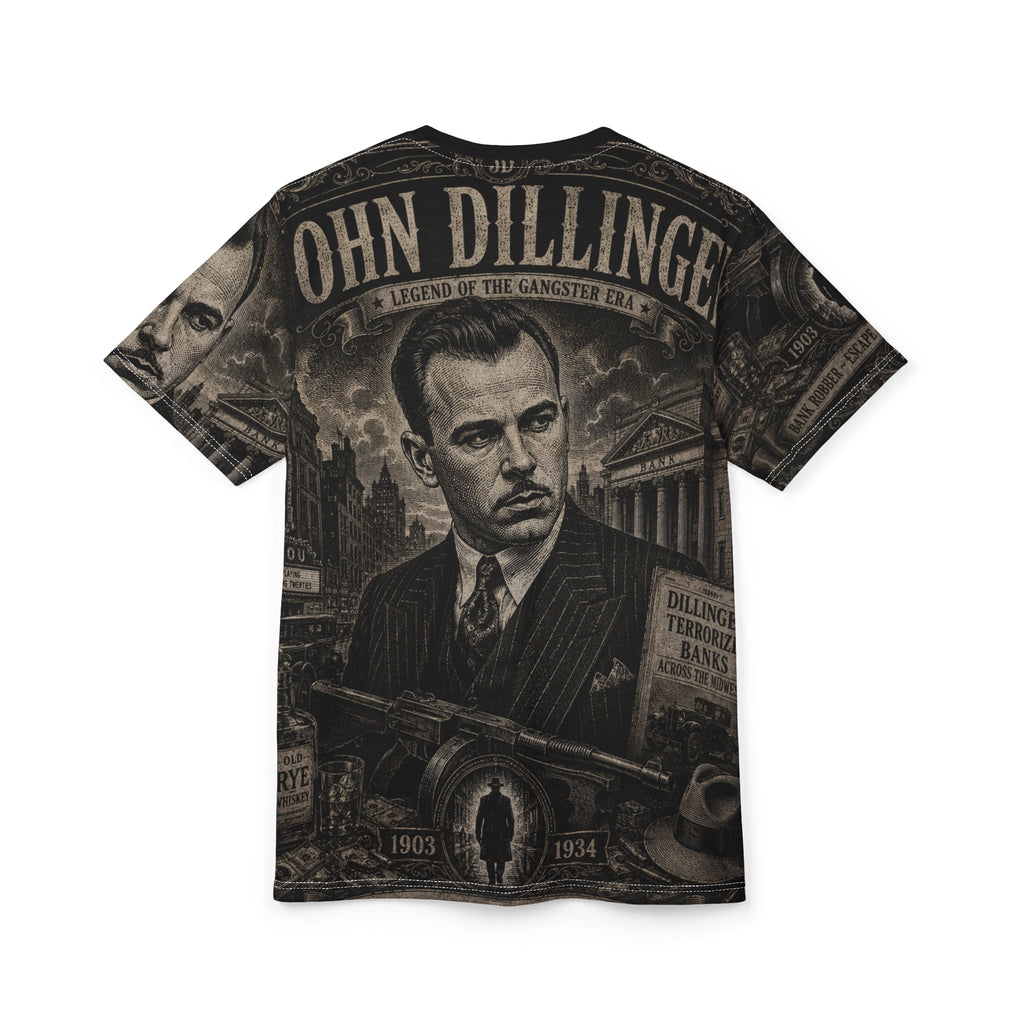 John Dillinger Vintage Gangster Tee — All-Over Print Tribute Shirt