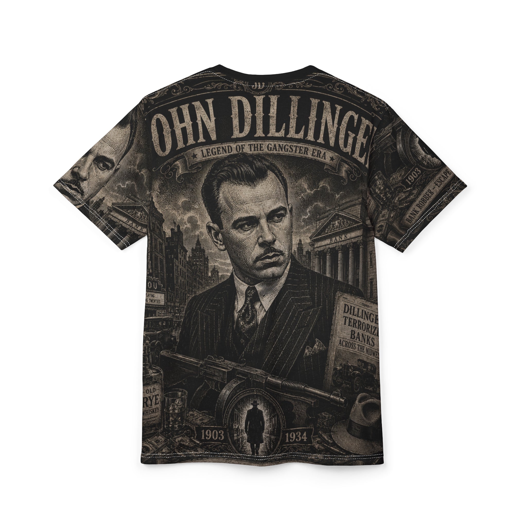 John Dillinger Vintage Gangster Tee — All-Over Print Tribute Shirt