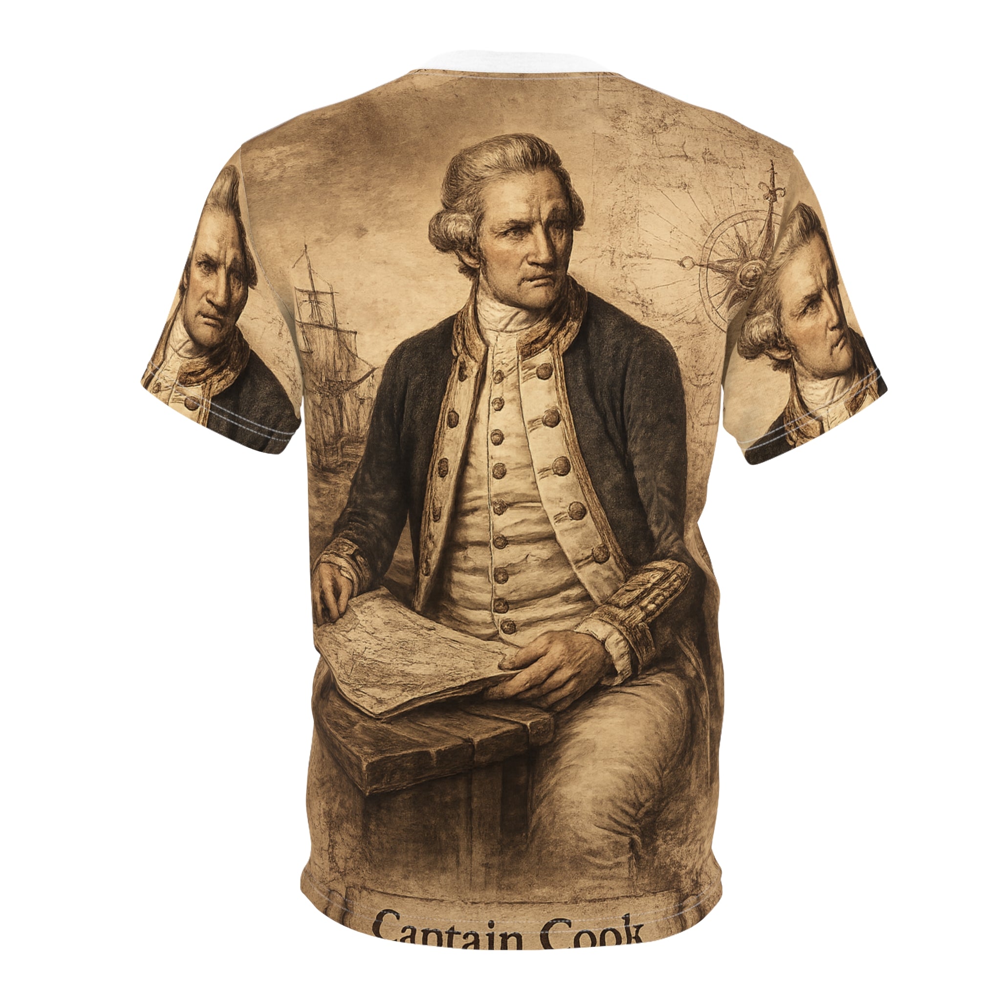 Captain Cook Portrait Tee — Vintage Nautical Exploration All-Over Print Shirt