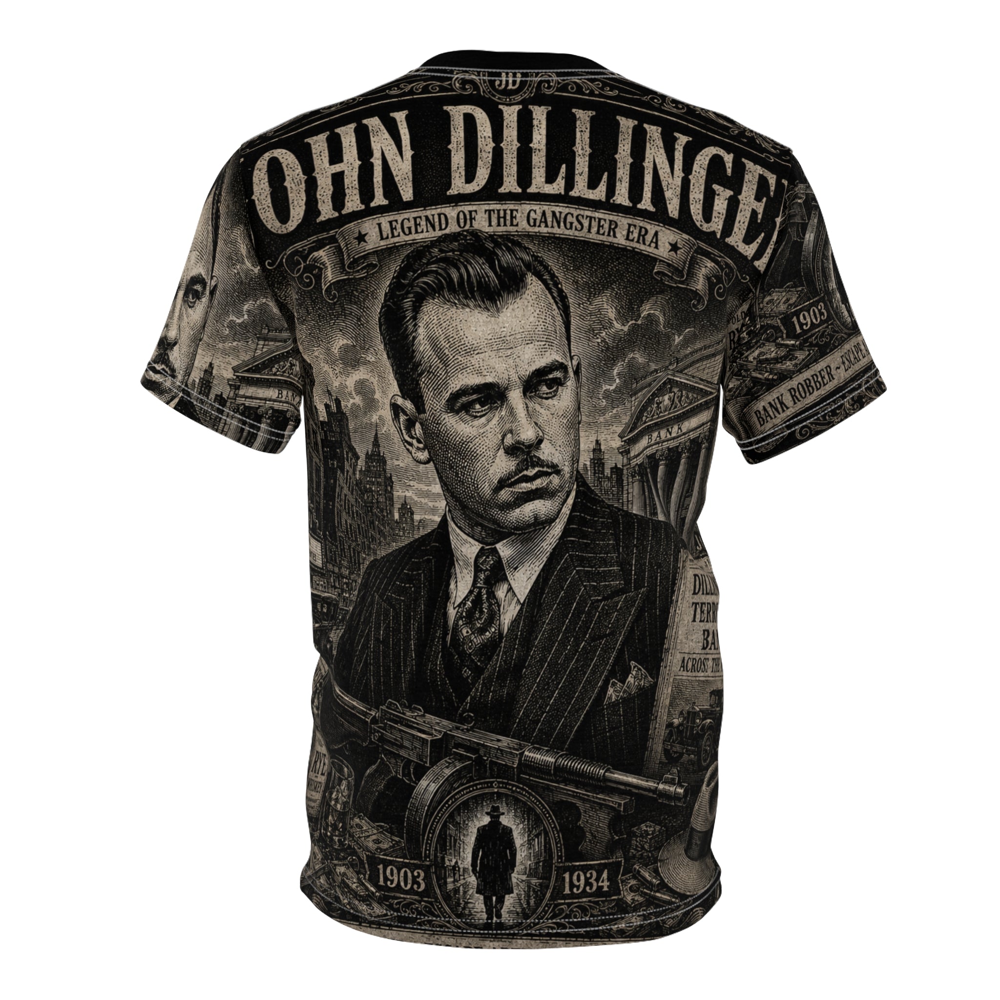 John Dillinger Vintage Gangster Tee — All-Over Print Tribute Shirt