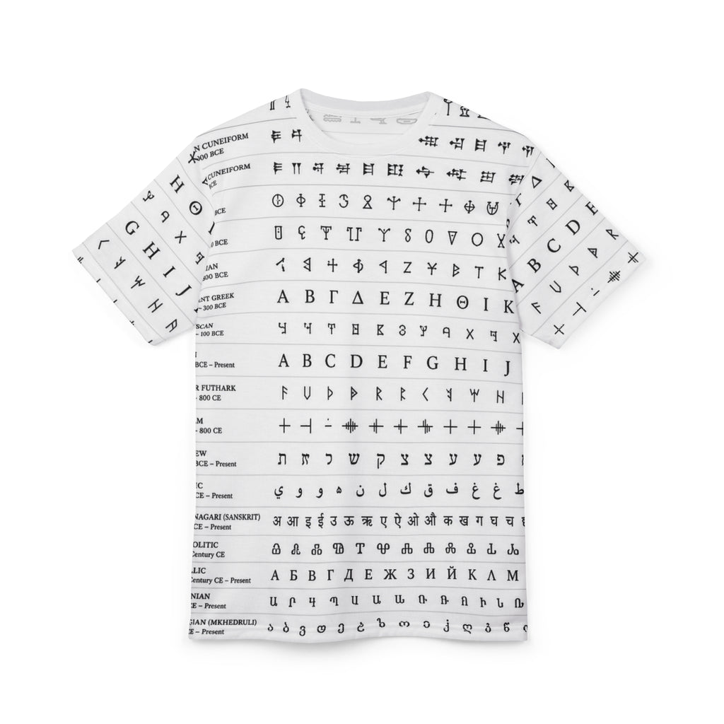 Alphabet Script Pattern Tee — Vintage Alphabets All-Over Print T-Shirt