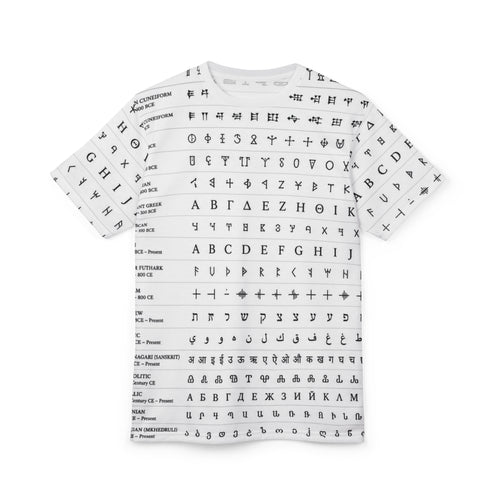 Alphabet Script Pattern Tee — Vintage Alphabets All-Over Print T-Shirt