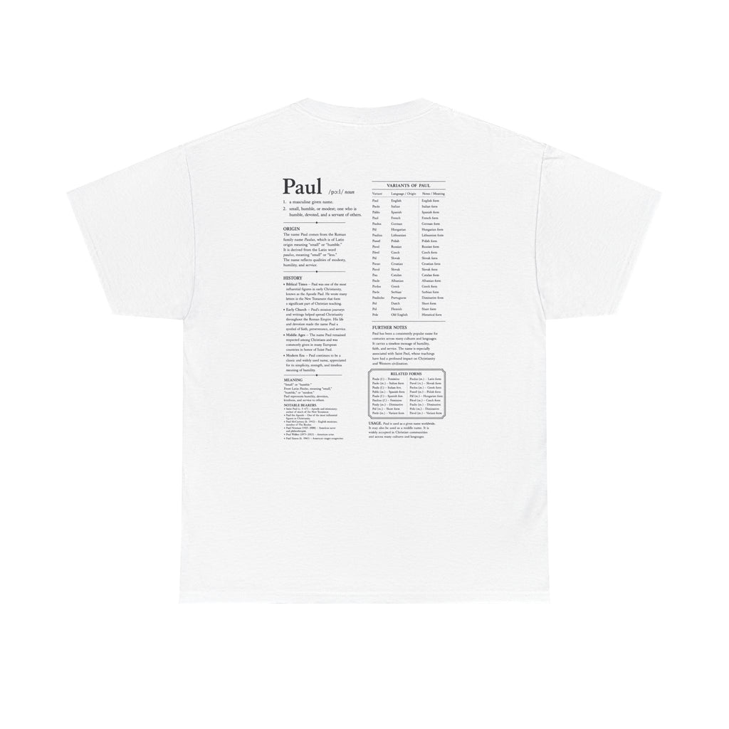 Paul Personalised Name t-Shirt | Minimalist Dictionary Style | Biblical Name Meaning | Latin Name Origin | Christian Gift | Custom Name Apparel