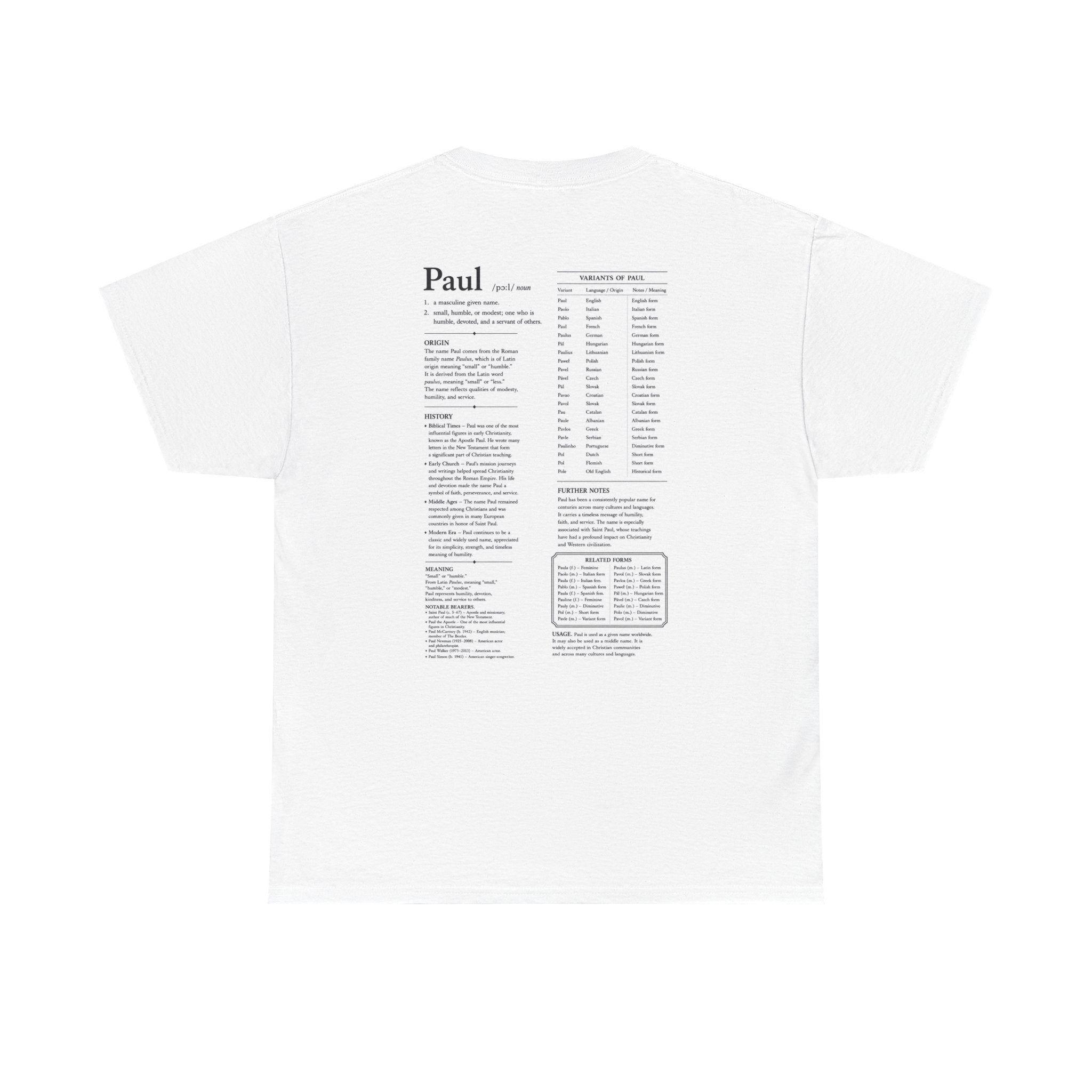 Paul Personalised Name t-Shirt | Minimalist Dictionary Style | Biblical Name Meaning | Latin Name Origin | Christian Gift | Custom Name Apparel