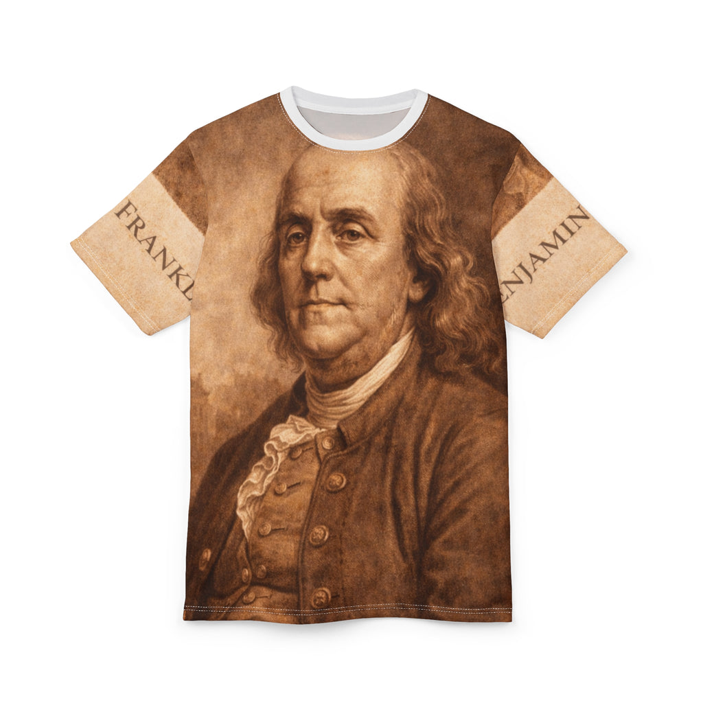 Benjamin Franklin Portrait Tee — Vintage Currency Print All-Over Shirt