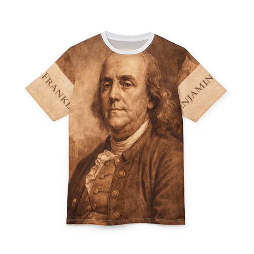 Benjamin Franklin Portrait Tee — Vintage Currency Print All-Over Shirt