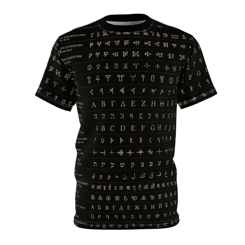 Alphabet Script Pattern Tee — Multilingual Ancient & Modern Lettering All-Over Print
