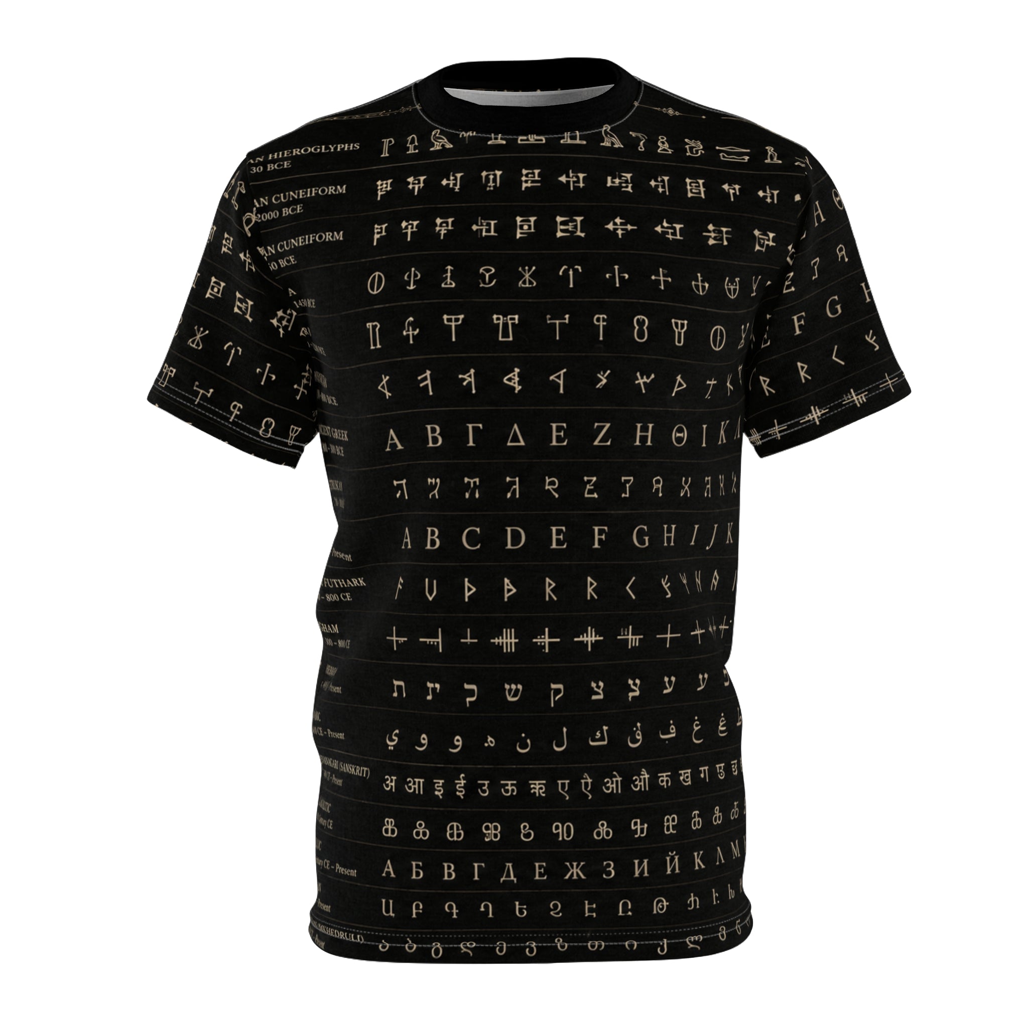 Alphabet Script Pattern Tee — Multilingual Ancient & Modern Lettering All-Over Print