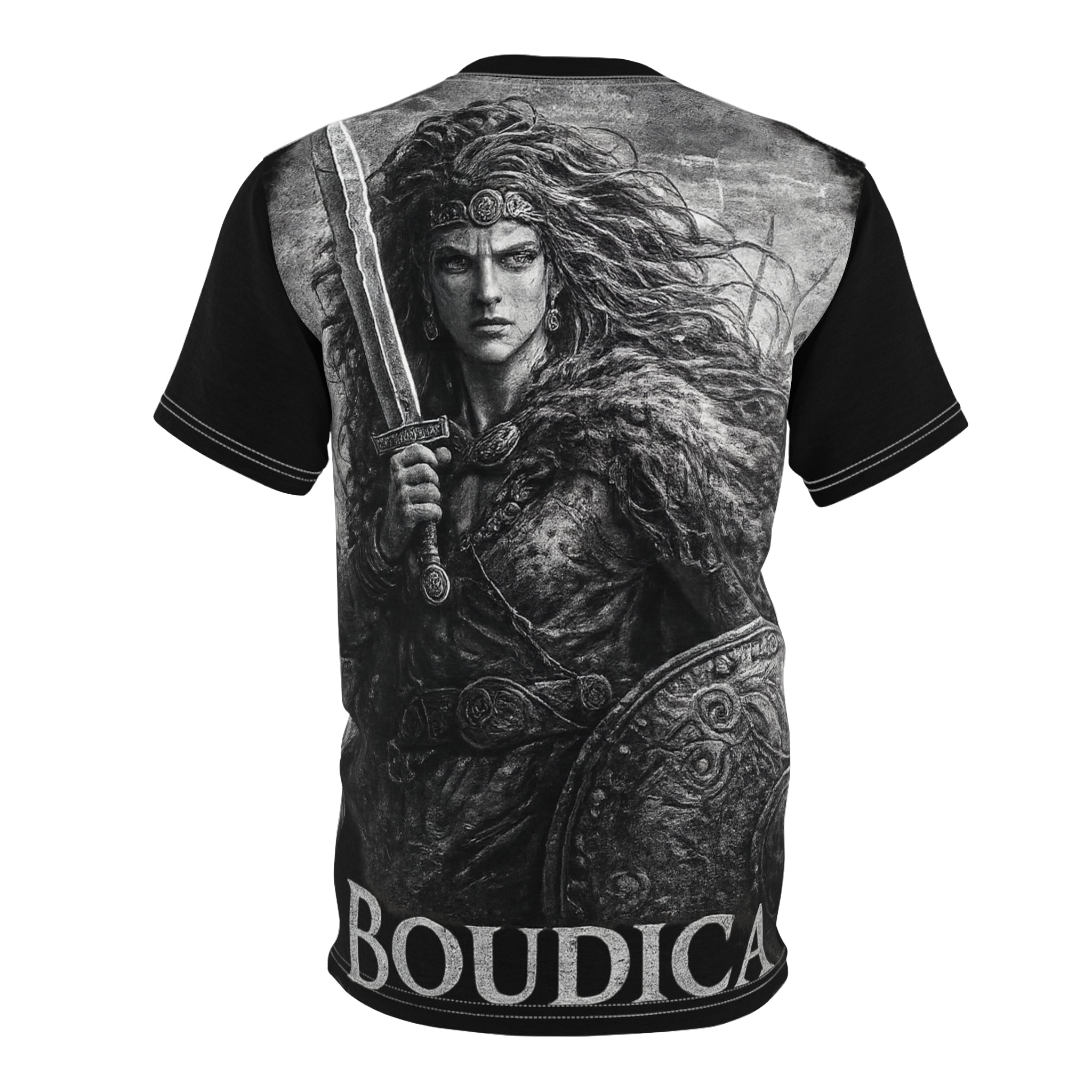 Boudica Warrior Graphic Tee — Ancient Celtic Shield & Sword Shirt