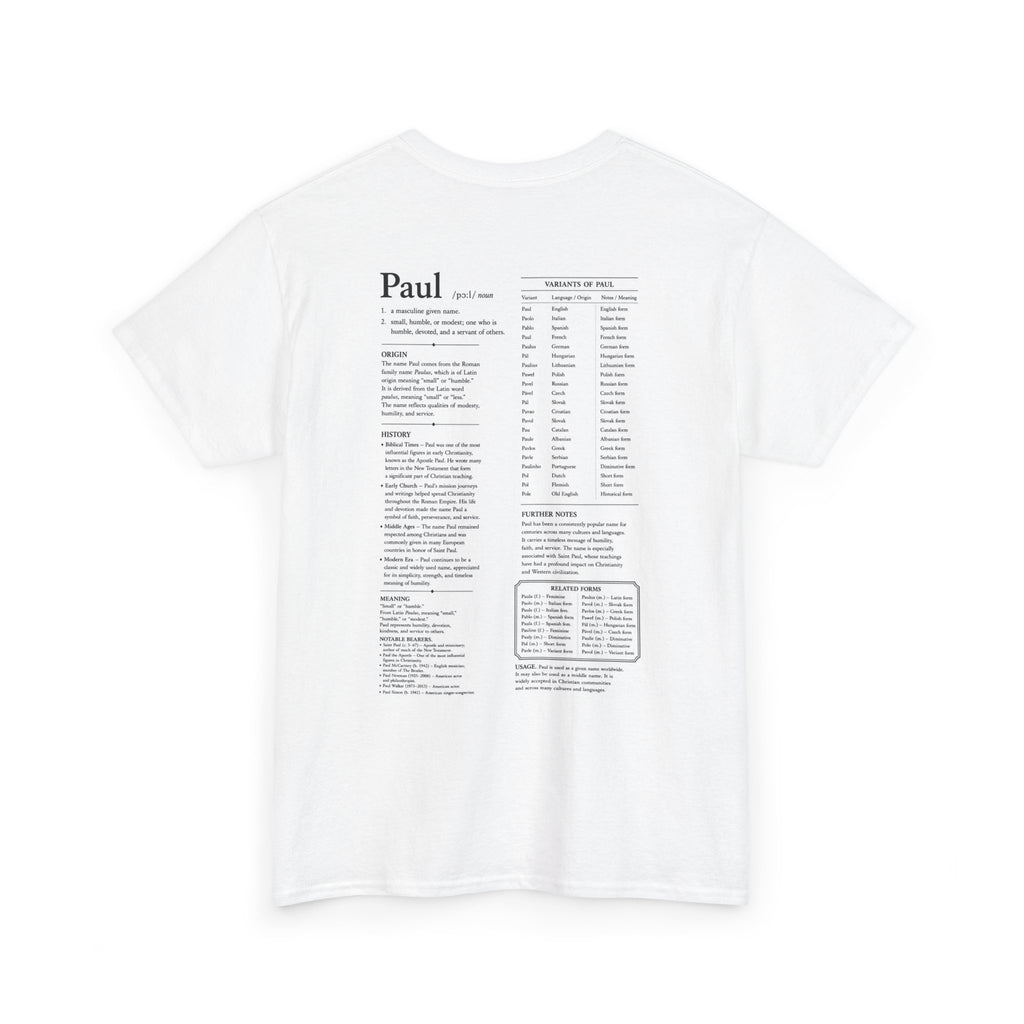Paul Personalised Name t-Shirt | Minimalist Dictionary Style | Biblical Name Meaning | Latin Name Origin | Christian Gift | Custom Name Apparel