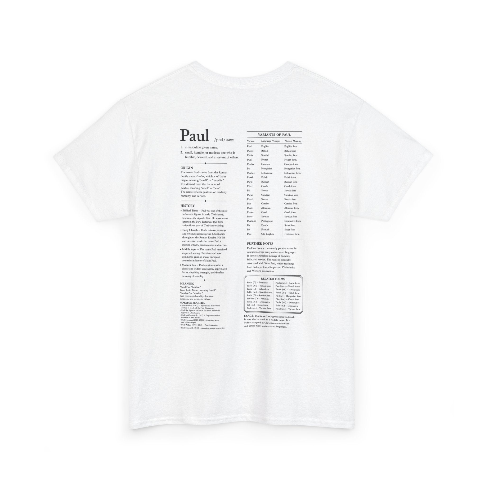 Paul Personalised Name t-Shirt | Minimalist Dictionary Style | Biblical Name Meaning | Latin Name Origin | Christian Gift | Custom Name Apparel