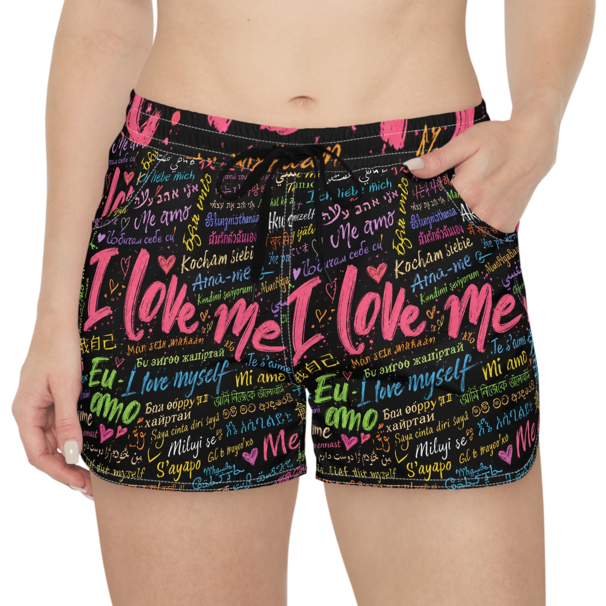 I Love Me Women’s Casual Shorts — Self-Love Multilingual Graphic Print 11/11