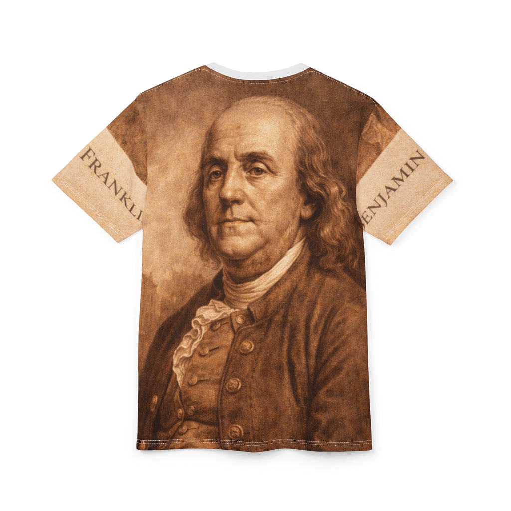 Benjamin Franklin Portrait Tee — Vintage Currency Print All-Over Shirt