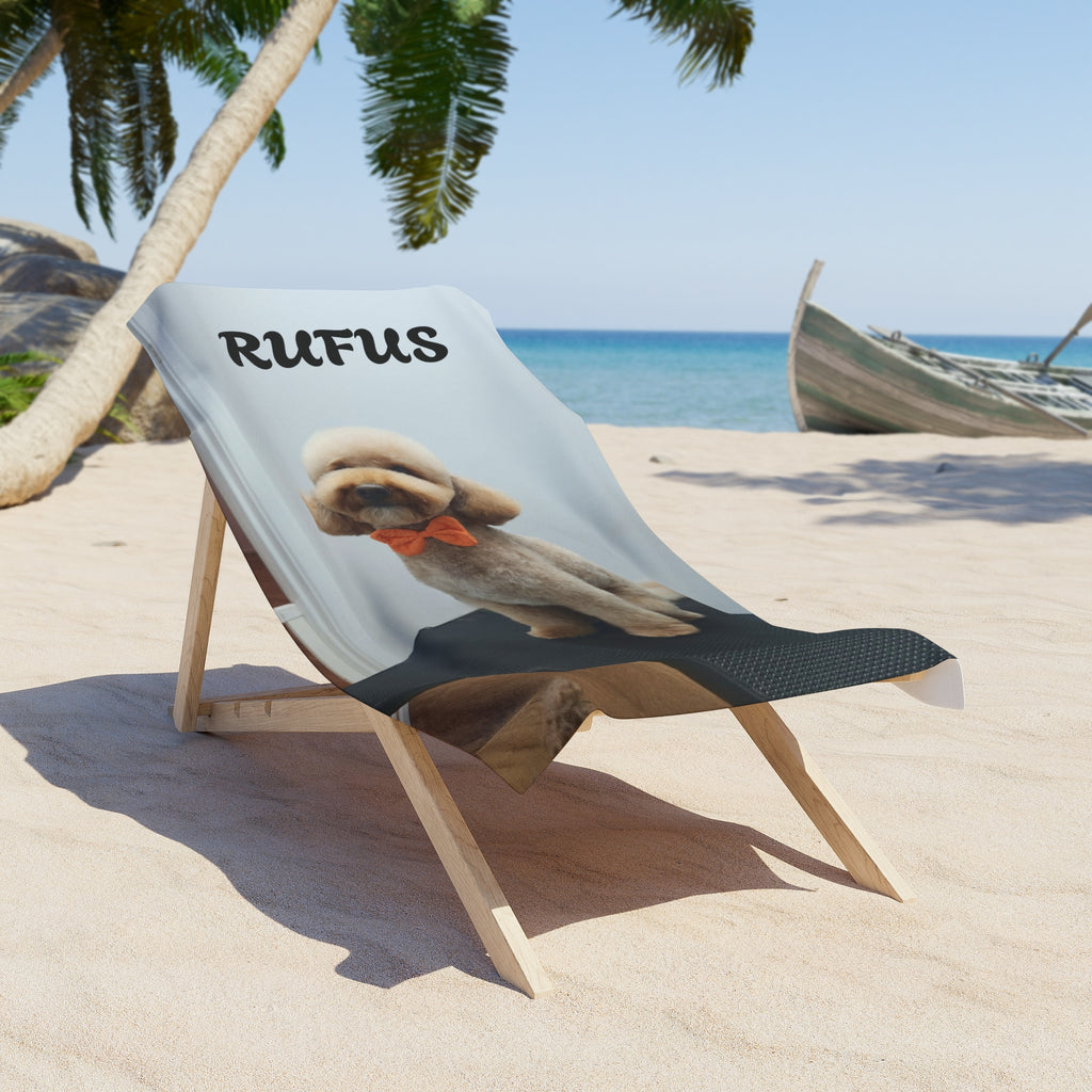 Personalized Dog Photo Beach Towel – Custom Name “RUFUS” Beach Towel with Bow-Tie Puppy Design