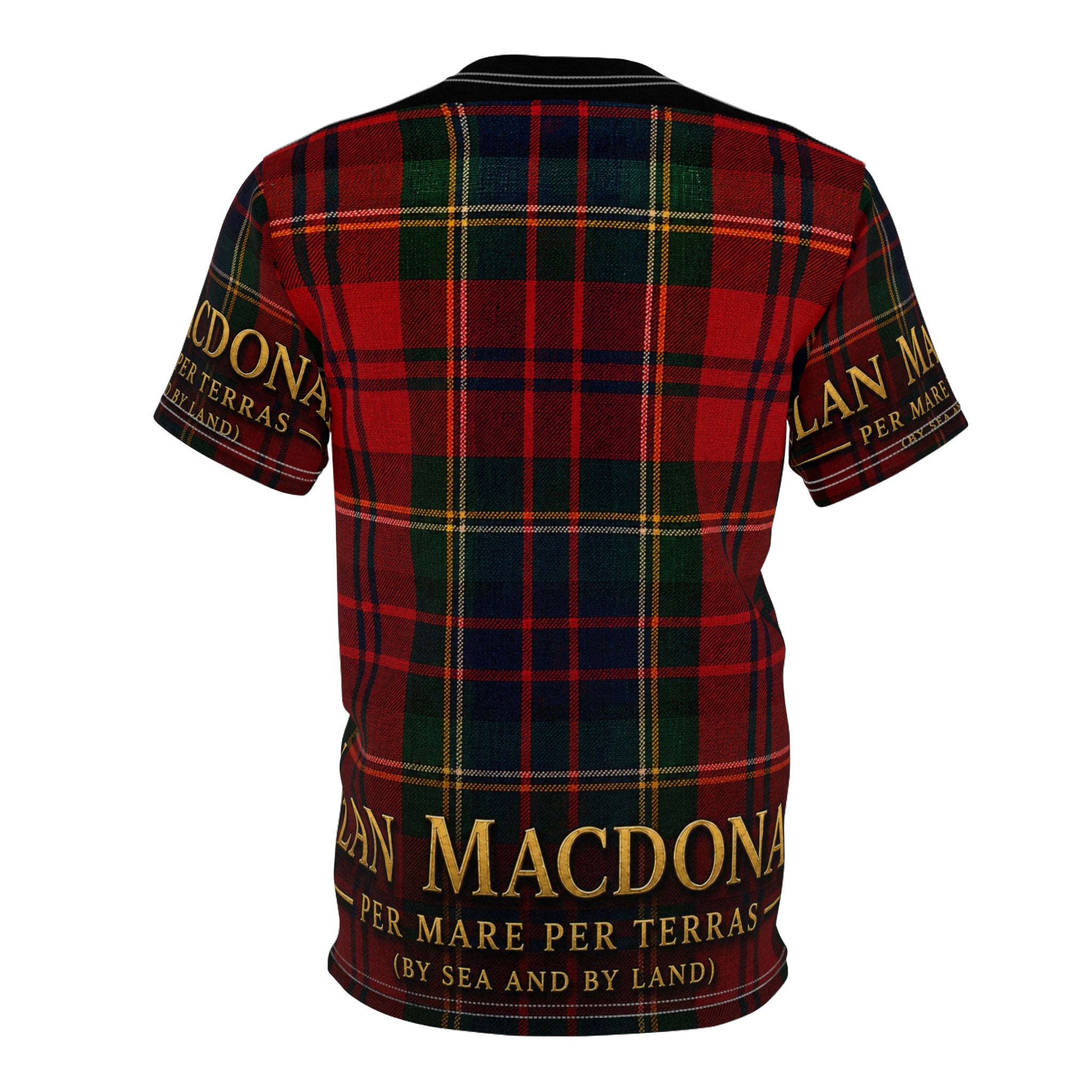 MacDonald Clan T-Shirt — Red Tartan Tee with 'Per Mare Per Terras' Crest