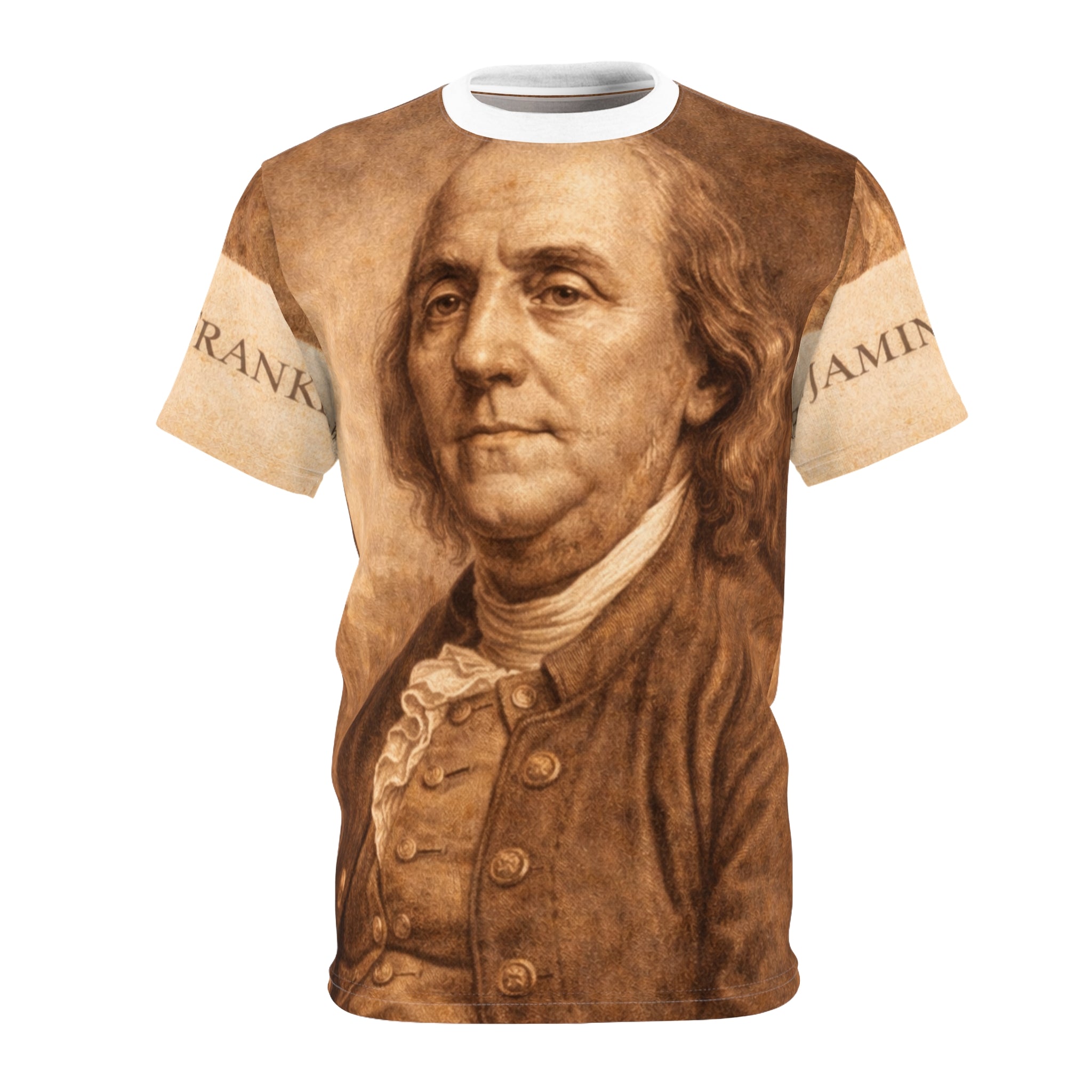 Benjamin Franklin Portrait Tee — Vintage Currency Print All-Over Shirt