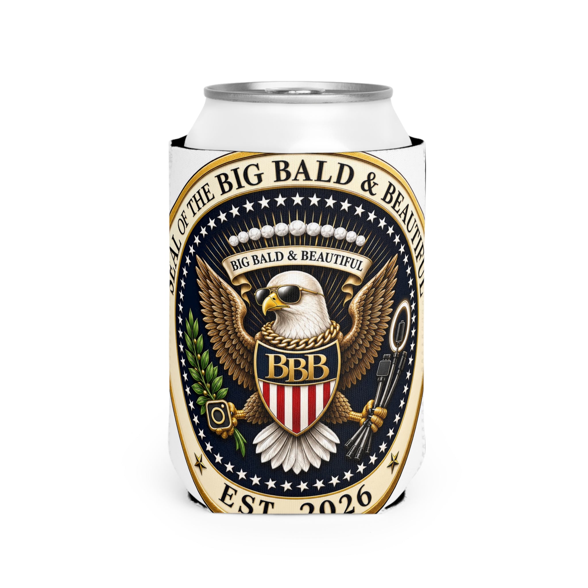 Big Bald & Beautiful Presidential Eagle Seal Can Cooler – Keep It Cool