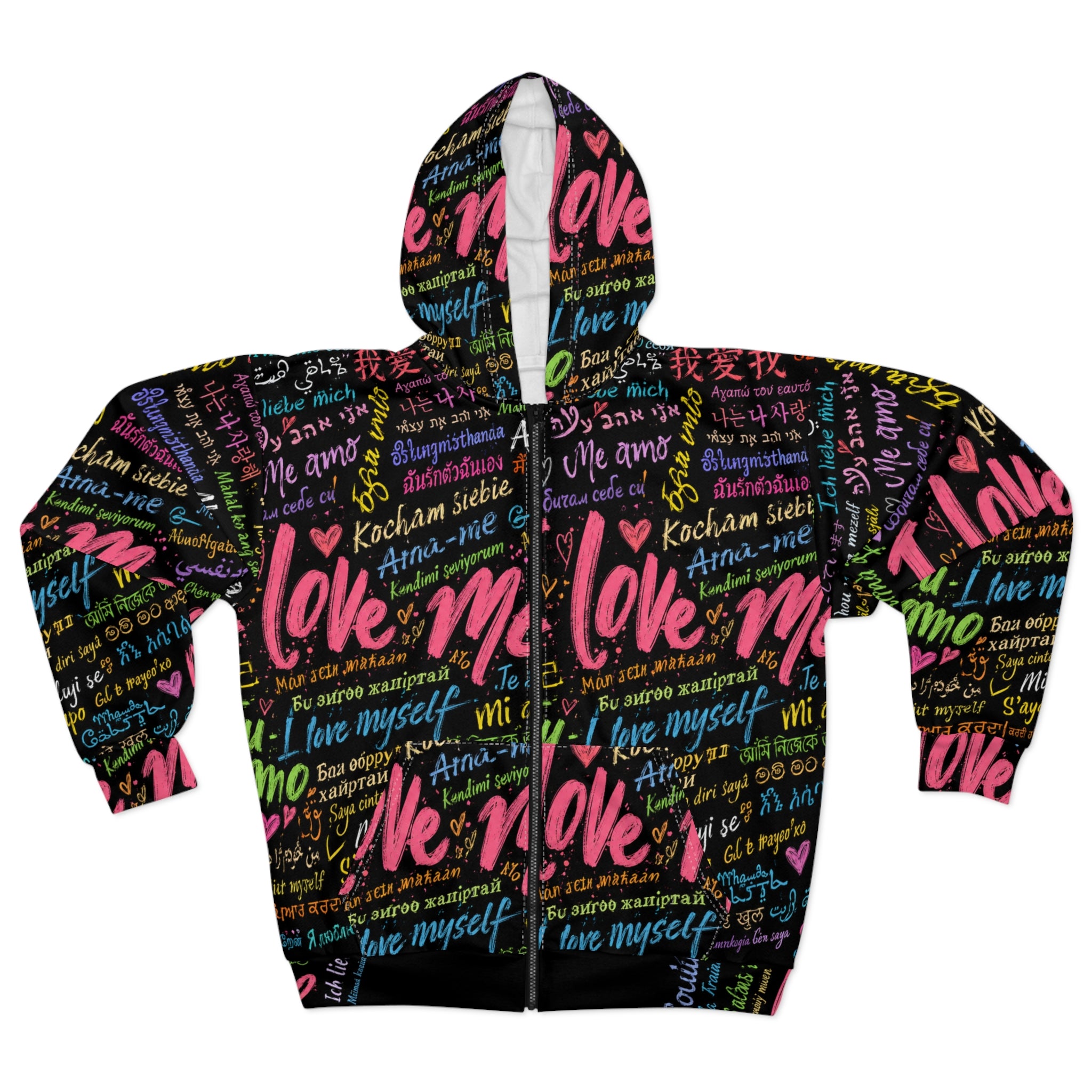 Self-Love Zip Hoodie — "I Love Me" Multilingual All-Over Print