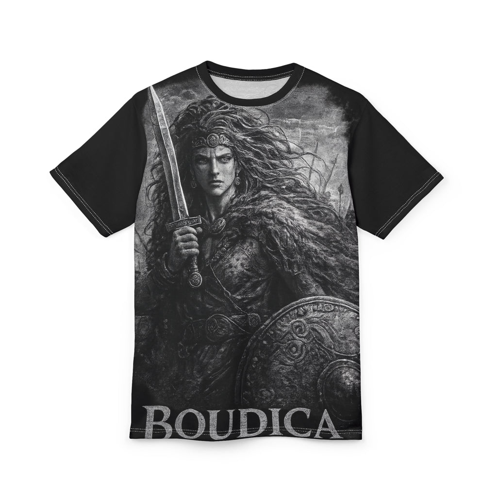 Boudica Warrior Graphic Tee — Ancient Celtic Shield & Sword Shirt