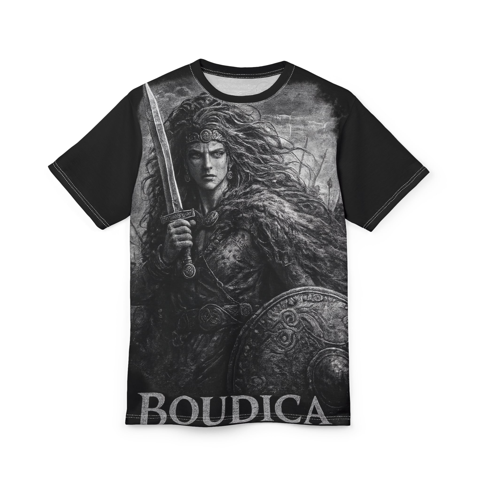 Boudica Warrior Graphic Tee — Ancient Celtic Shield & Sword Shirt