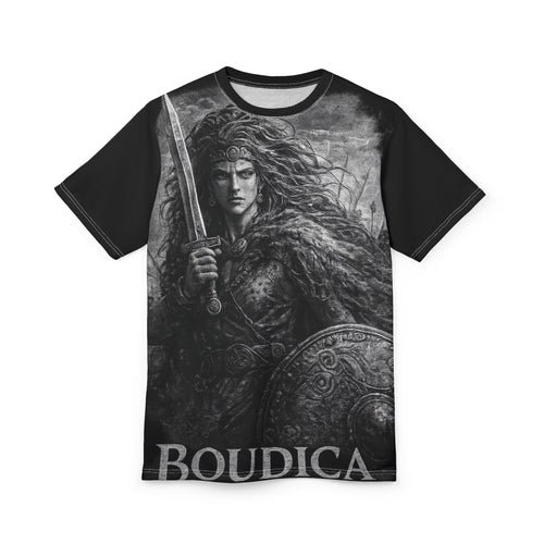Boudica Warrior Graphic Tee — Ancient Celtic Shield & Sword Shirt