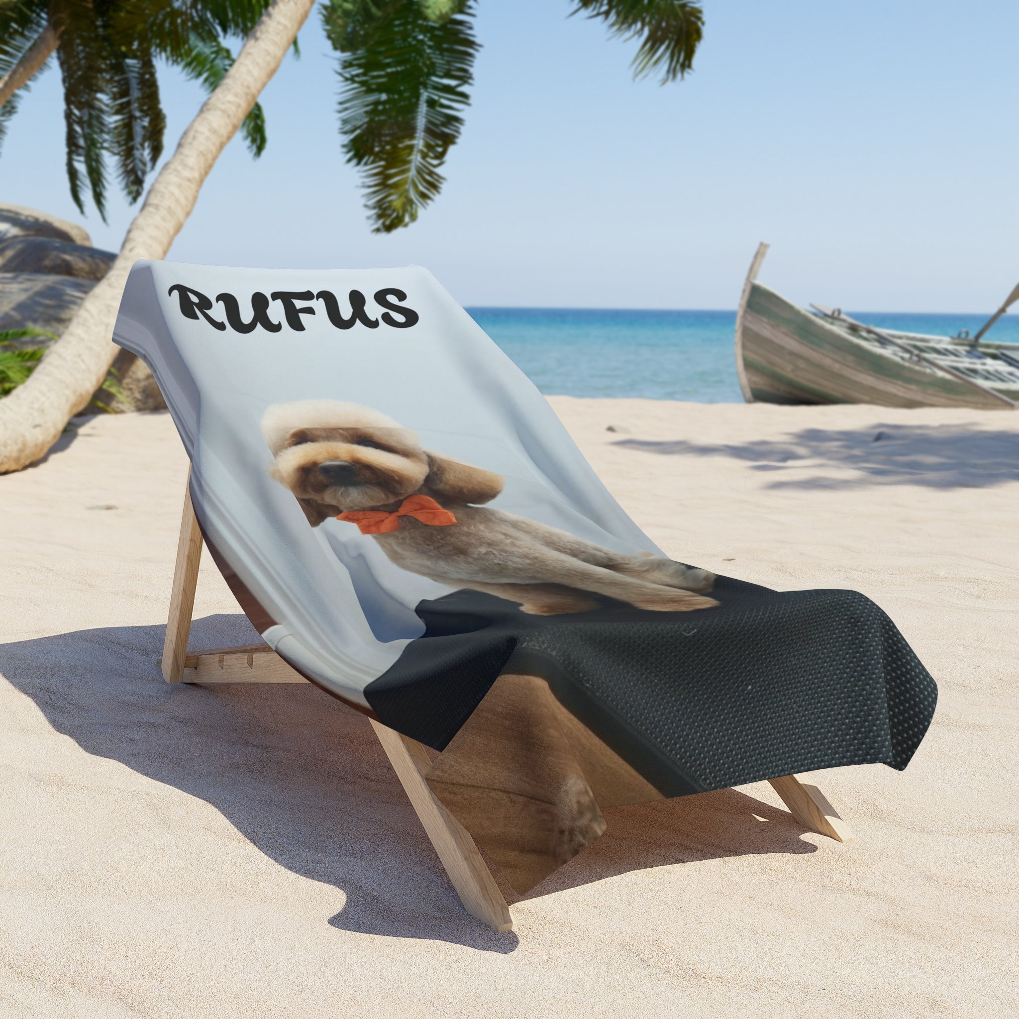 Personalized Dog Photo Beach Towel – Custom Name “RUFUS” Beach Towel with Bow-Tie Puppy Design