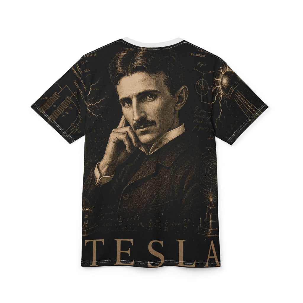 Tesla Portrait Tee — Vintage Nikola Tesla All-Over Print T-Shirt