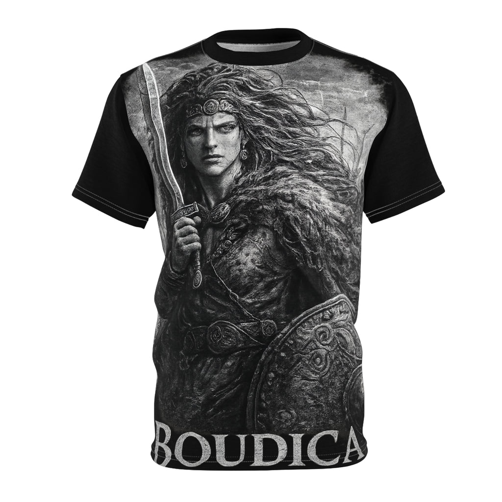 Boudica Warrior Graphic Tee — Ancient Celtic Shield & Sword Shirt