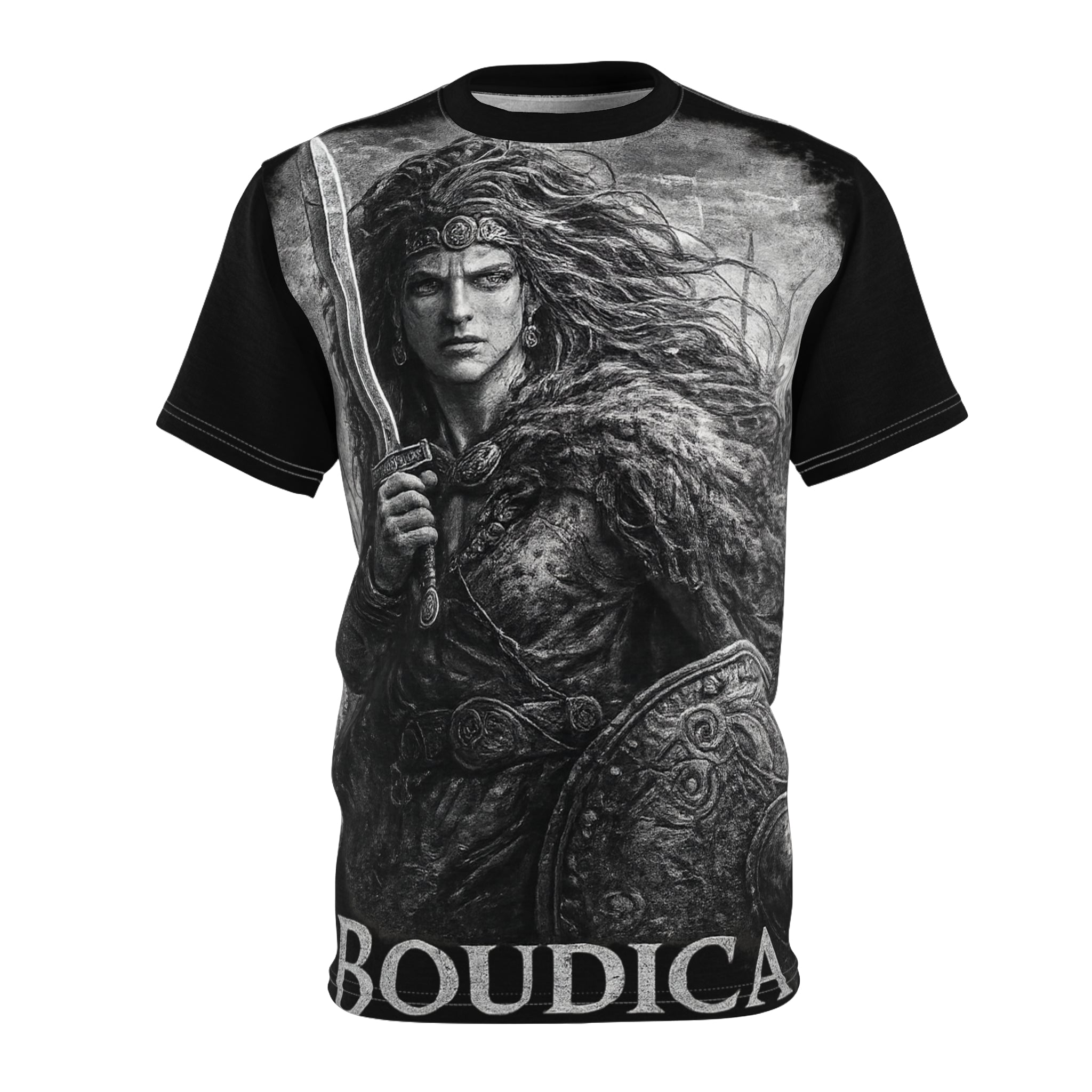 Boudica Warrior Graphic Tee — Ancient Celtic Shield & Sword Shirt