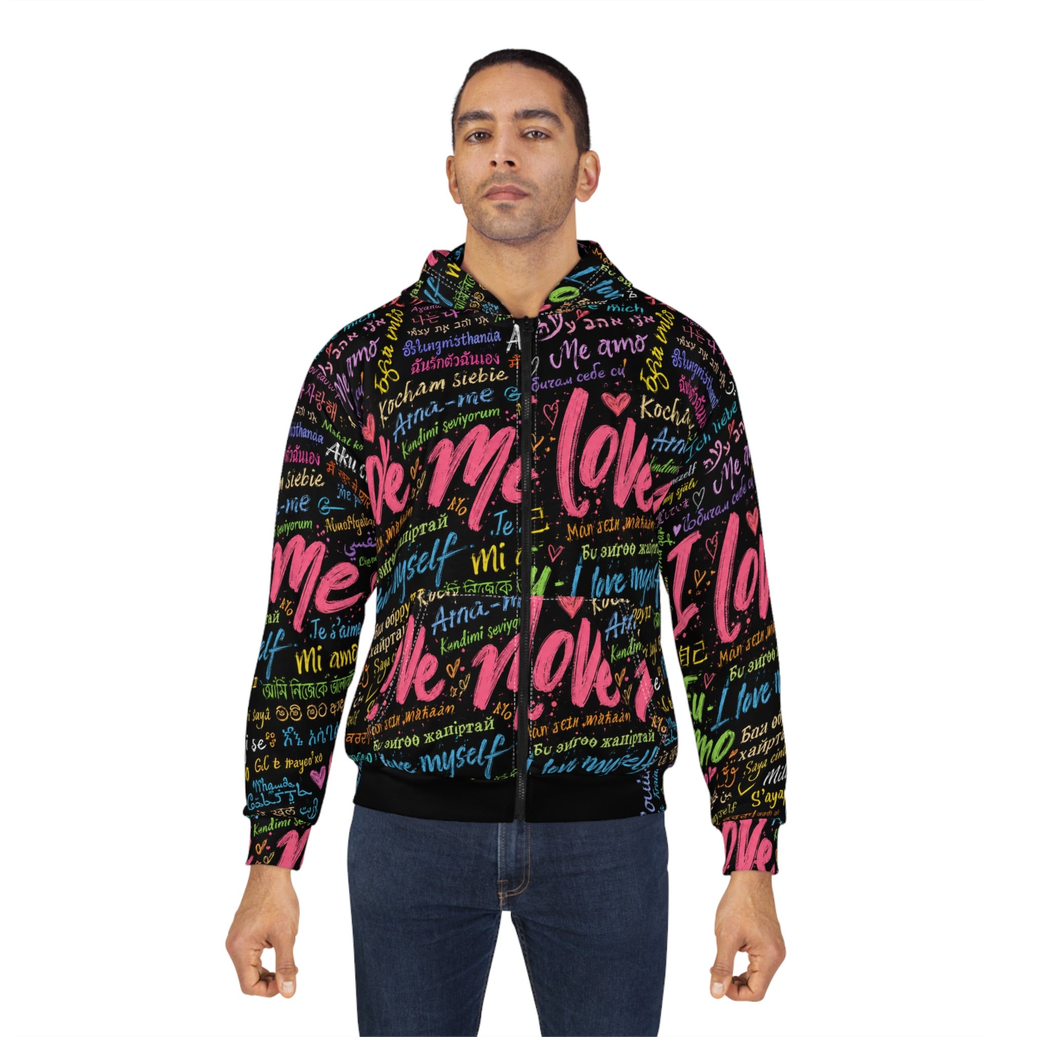 Self-Love Zip Hoodie — "I Love Me" Multilingual All-Over Print