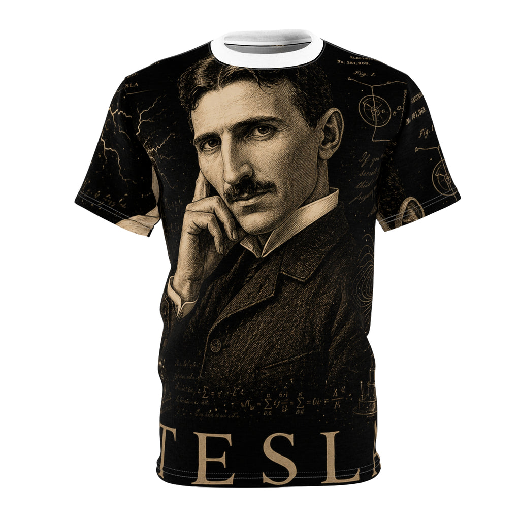 Tesla Portrait Tee — Vintage Nikola Tesla All-Over Print T-Shirt