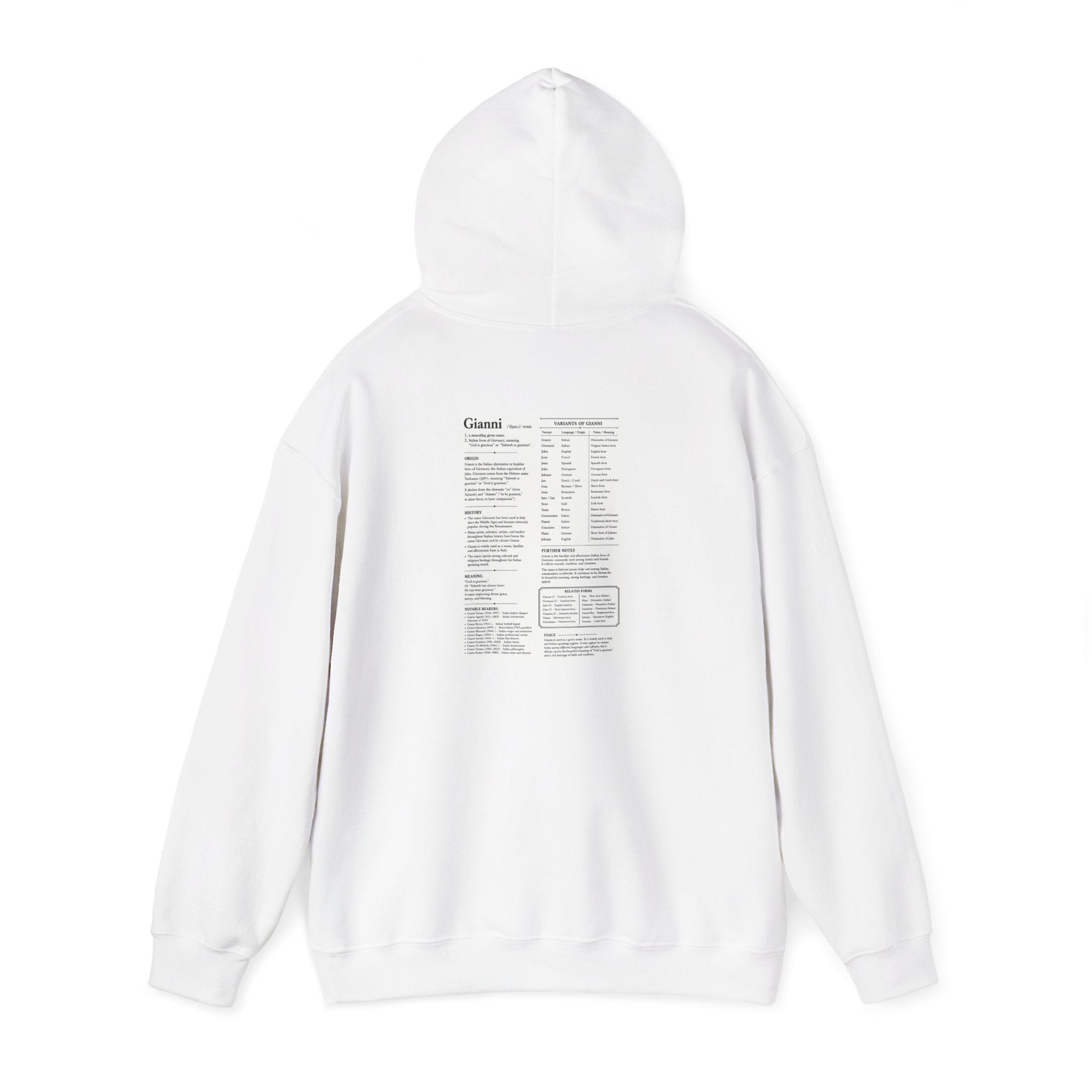 Gianni Personalised Name Hoodie | Minimalist Dictionary Style | Italian Name Meaning | Giovanni Origin | Custom Gift | History Inspired Apparel