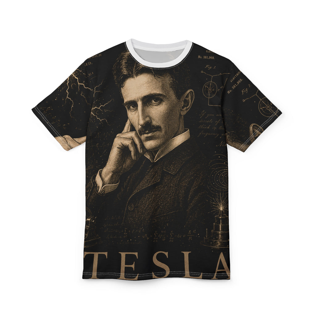 Tesla Portrait Tee — Vintage Nikola Tesla All-Over Print T-Shirt