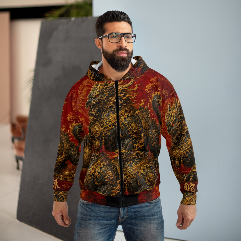 PIXIU — The Wealth Guardian — Red Chinese Mythical Beast All-Over Print Zip Hoodie