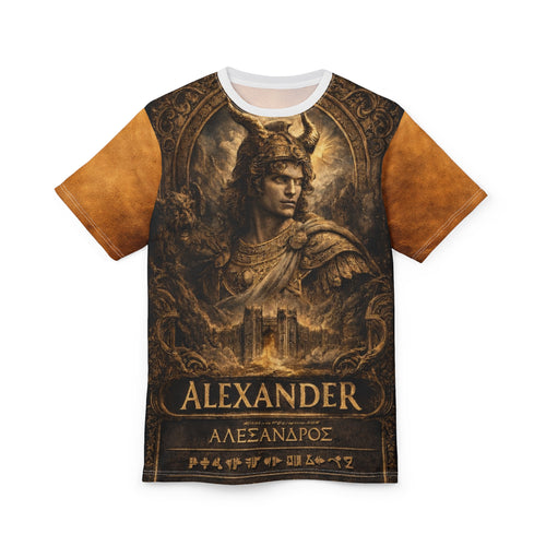 Alexander Warrior Graphic Tee — Vintage Greek Myth Bust All-Over Print
