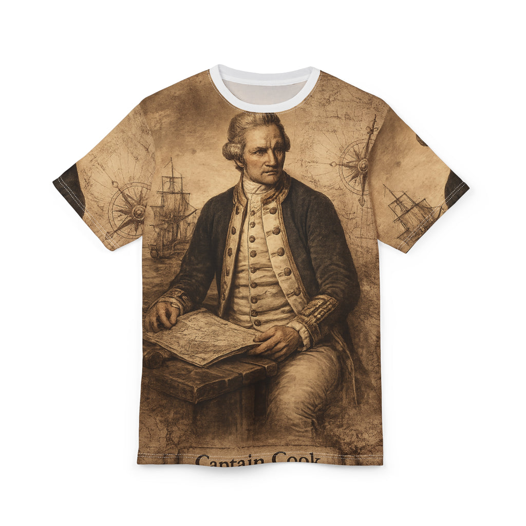 Captain Cook Portrait Tee — Vintage Nautical Exploration All-Over Print Shirt