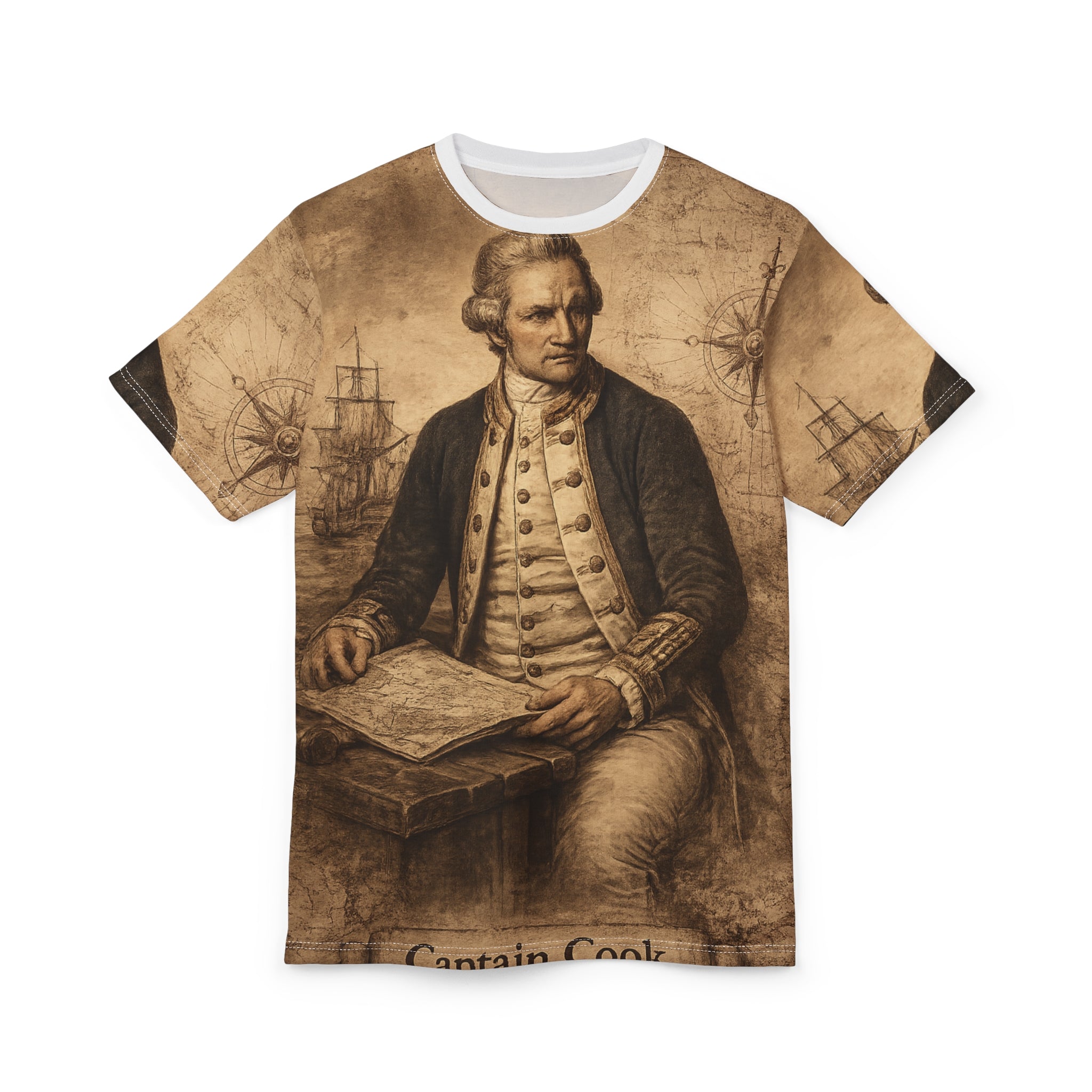 Captain Cook Portrait Tee — Vintage Nautical Exploration All-Over Print Shirt