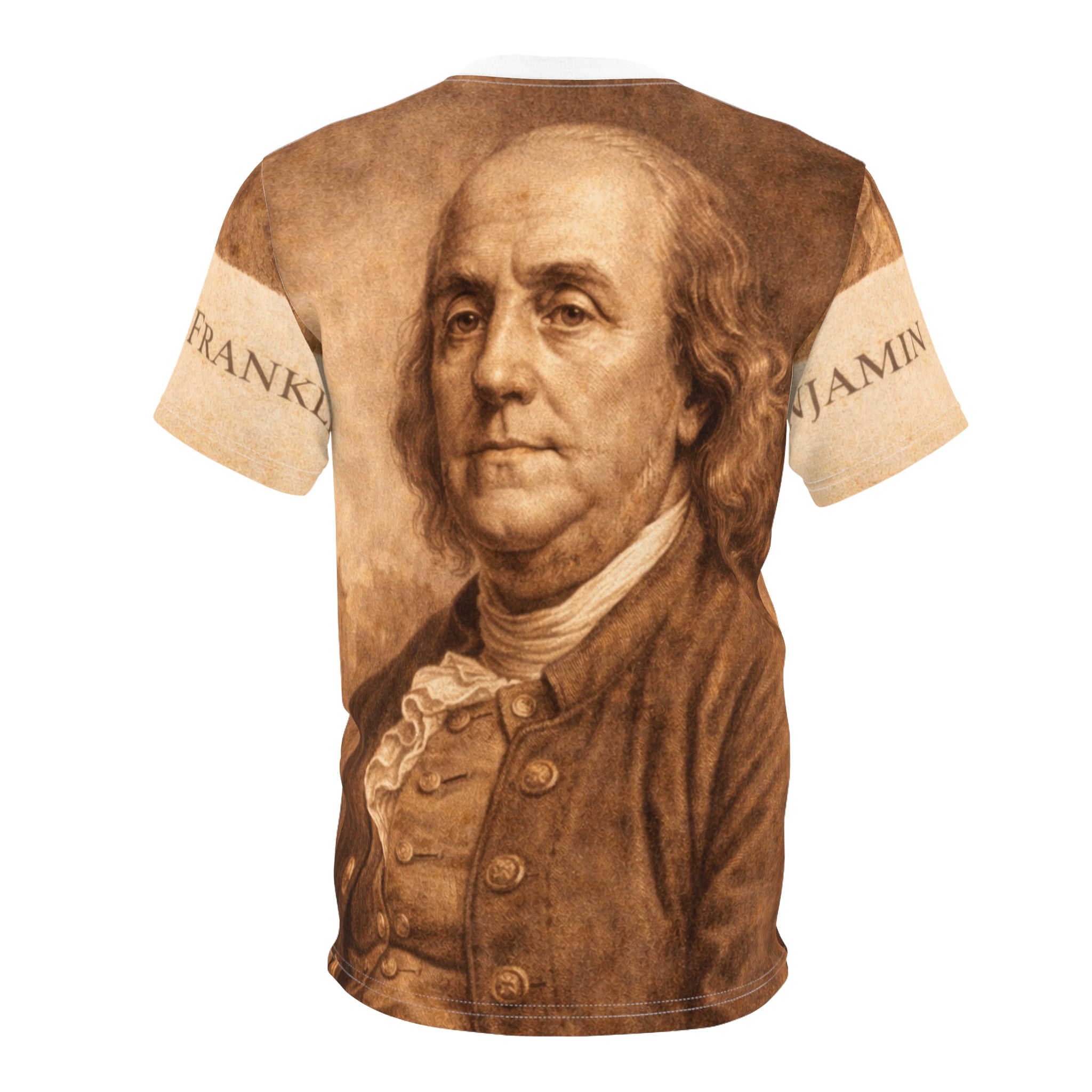 Benjamin Franklin Portrait Tee — Vintage Currency Print All-Over Shirt