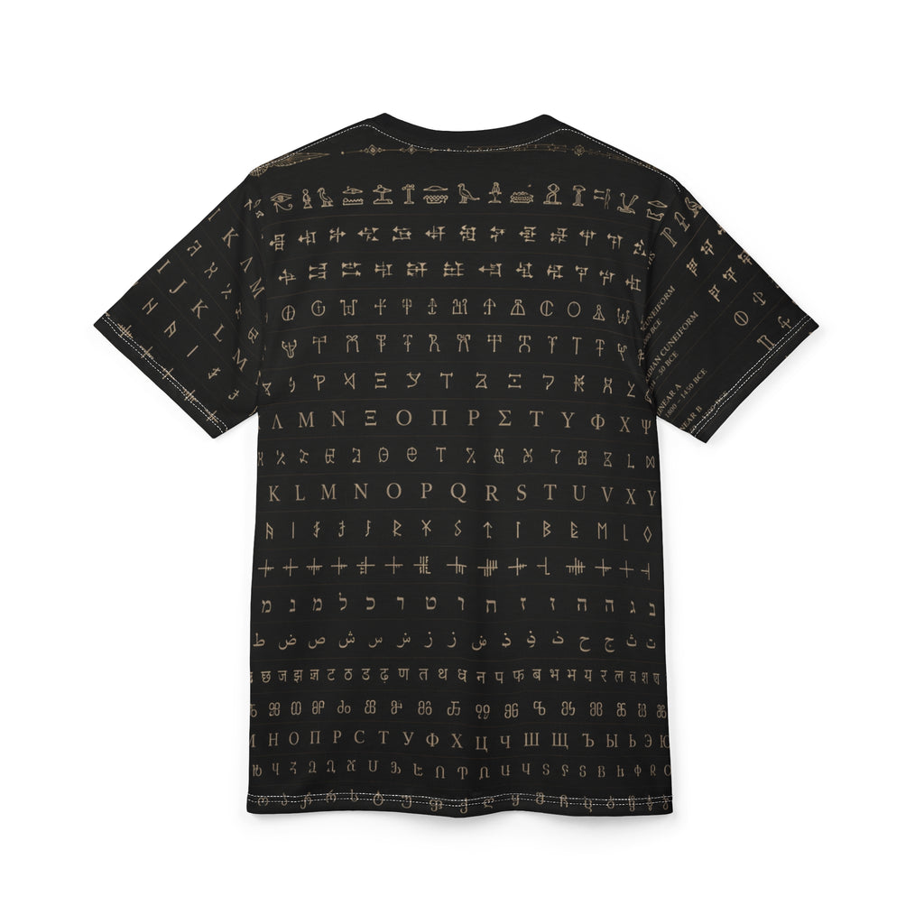 Alphabet Script Pattern Tee — Multilingual Ancient & Modern Lettering All-Over Print