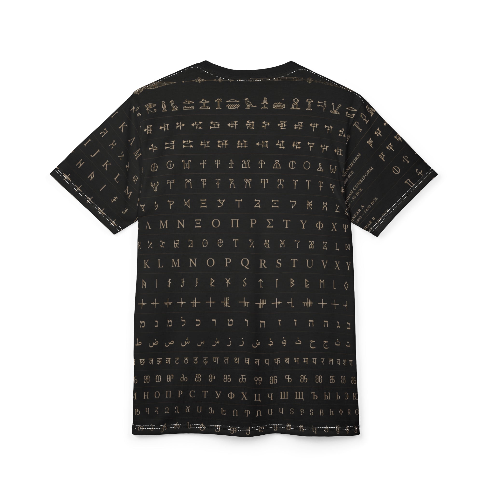 Alphabet Script Pattern Tee — Multilingual Ancient & Modern Lettering All-Over Print