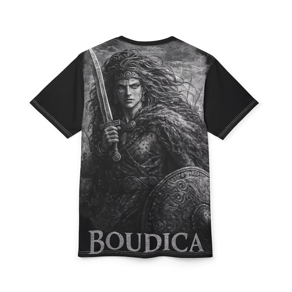 Boudica Warrior Graphic Tee — Ancient Celtic Shield & Sword Shirt