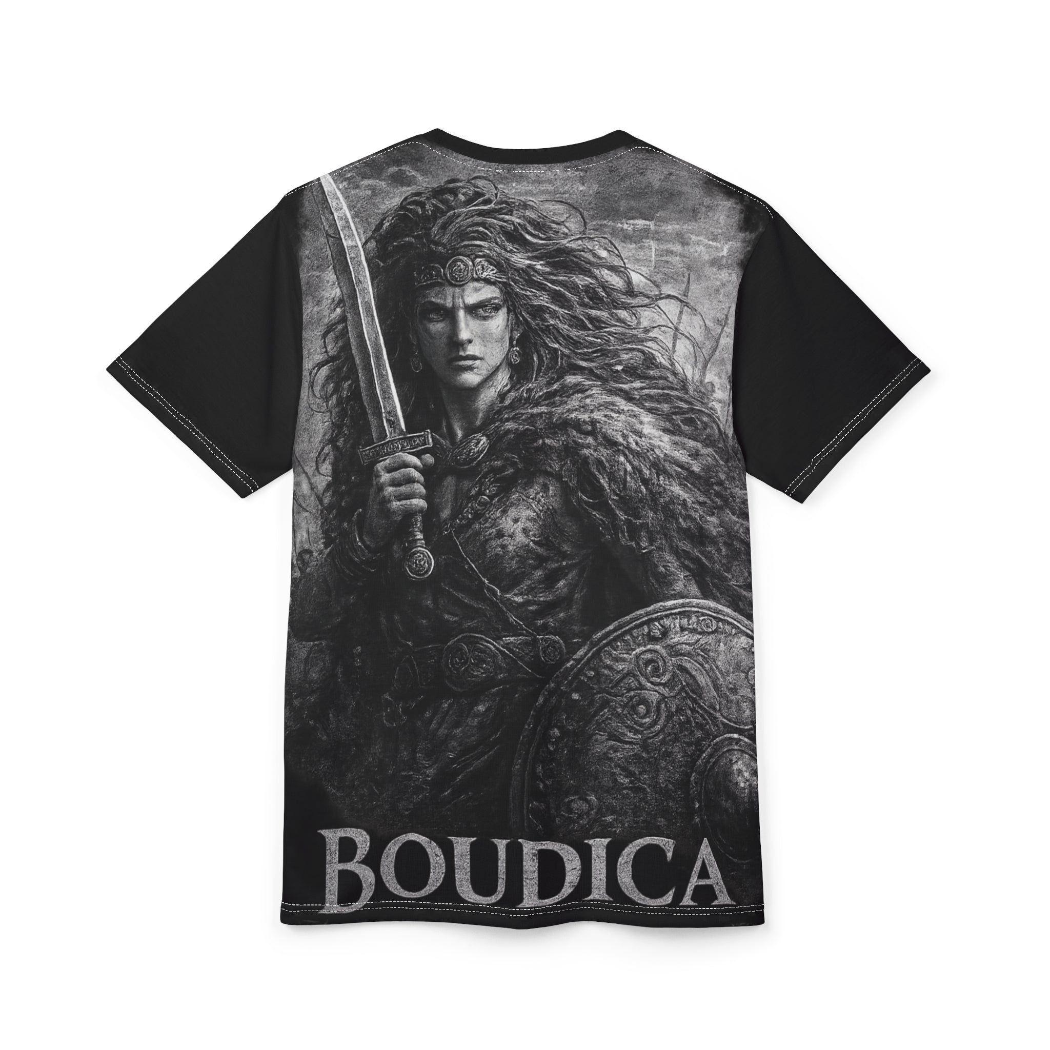 Boudica Warrior Graphic Tee — Ancient Celtic Shield & Sword Shirt
