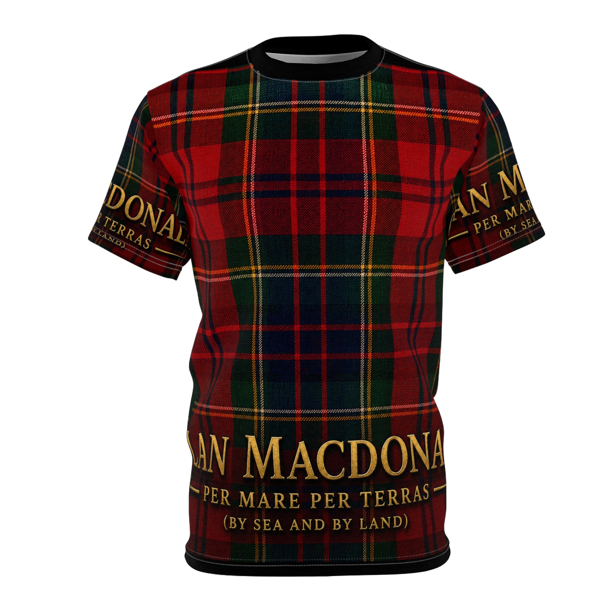 MacDonald Clan T-Shirt — Red Tartan Tee with 'Per Mare Per Terras' Crest