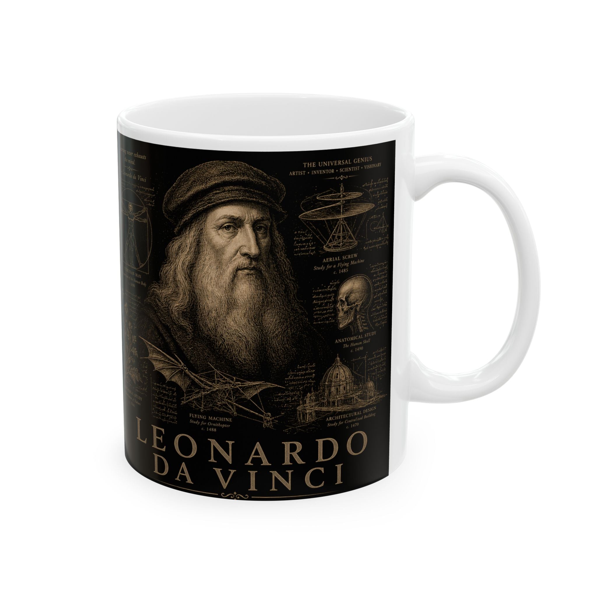 Leonardo da Vinci Sketches Ceramic Mug – Vintage Anatomy & Inventions Coffee Cup (11oz/15oz)