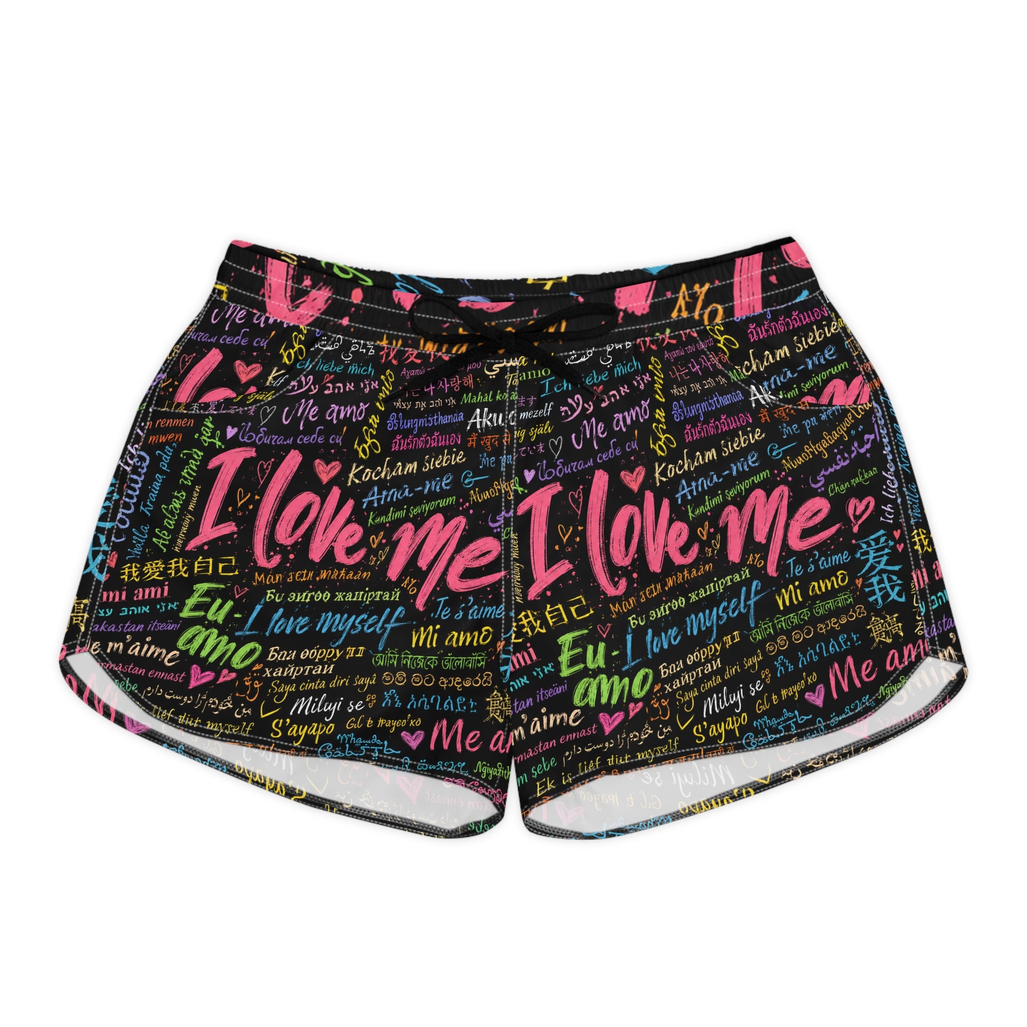 I Love Me Women’s Casual Shorts — Self-Love Multilingual Graphic Print 11/11
