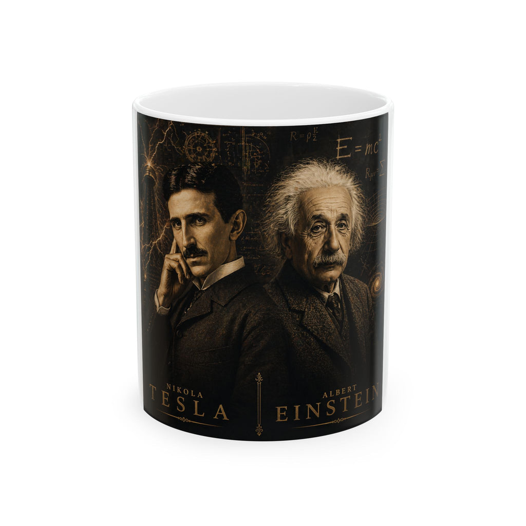Tesla & Einstein Portrait Ceramic Mug — Vintage Scientist Coffee Cup (11oz, 15oz)