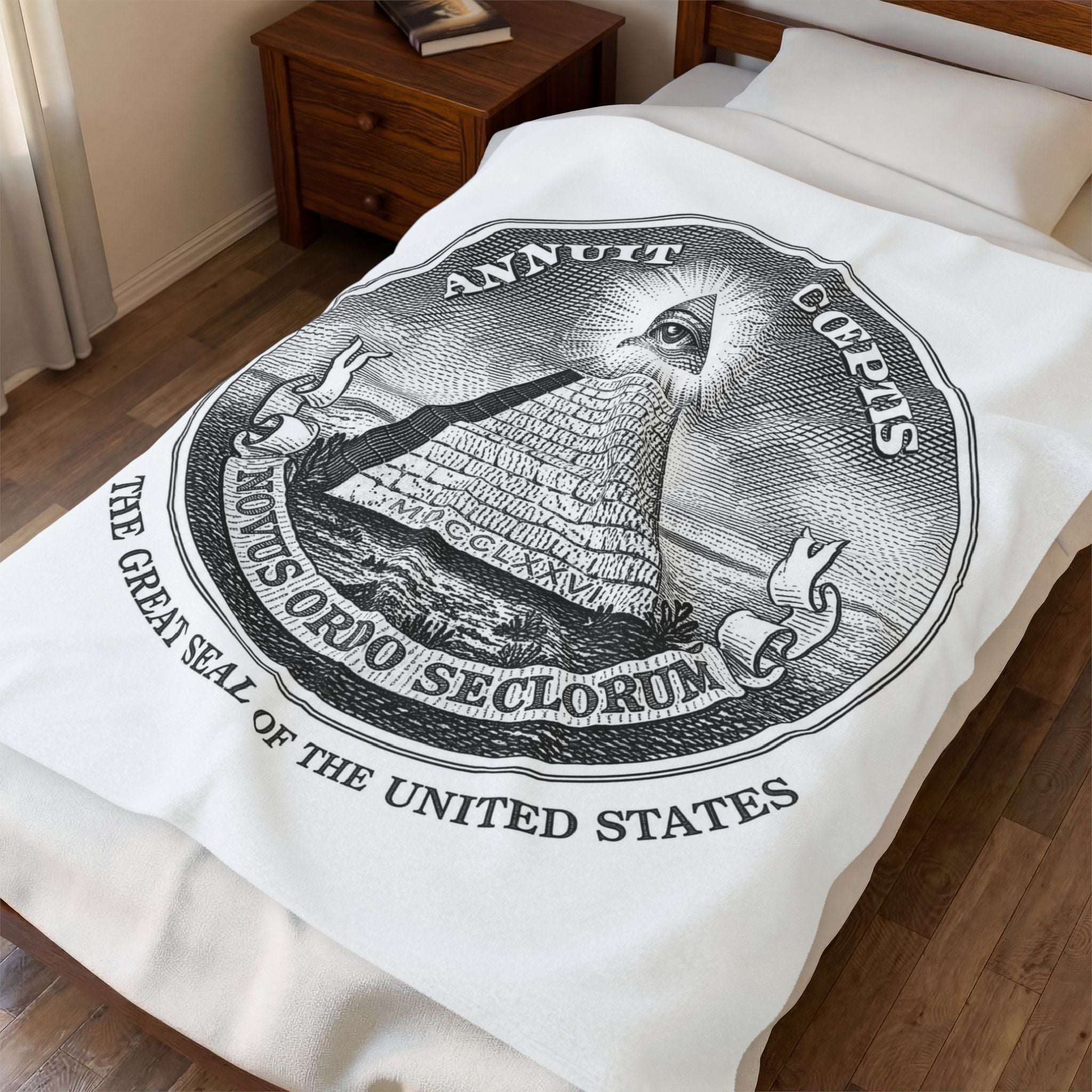 Velveteen Plush Blanket — Vintage Great Seal Pyramid Design (Annuit Coeptis)Eye of Providence