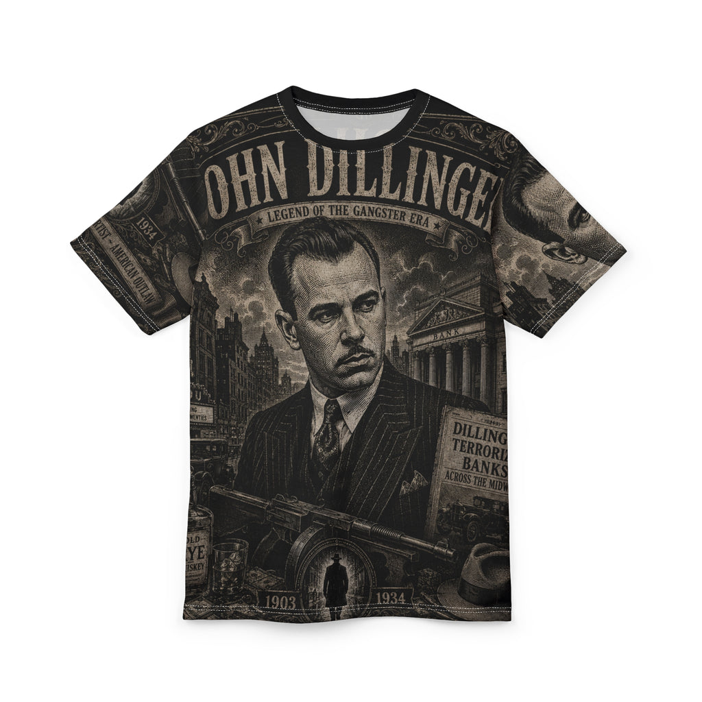 John Dillinger Vintage Gangster Tee — All-Over Print Tribute Shirt