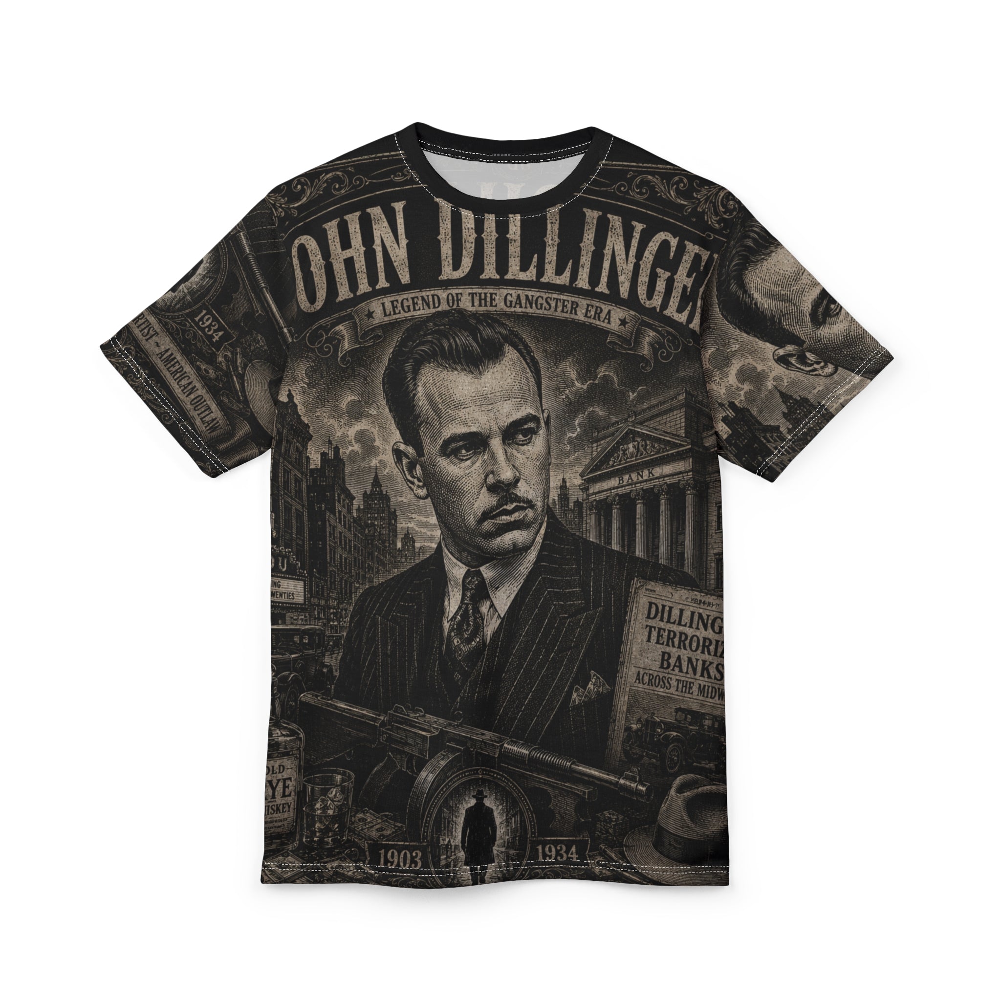 John Dillinger Vintage Gangster Tee — All-Over Print Tribute Shirt